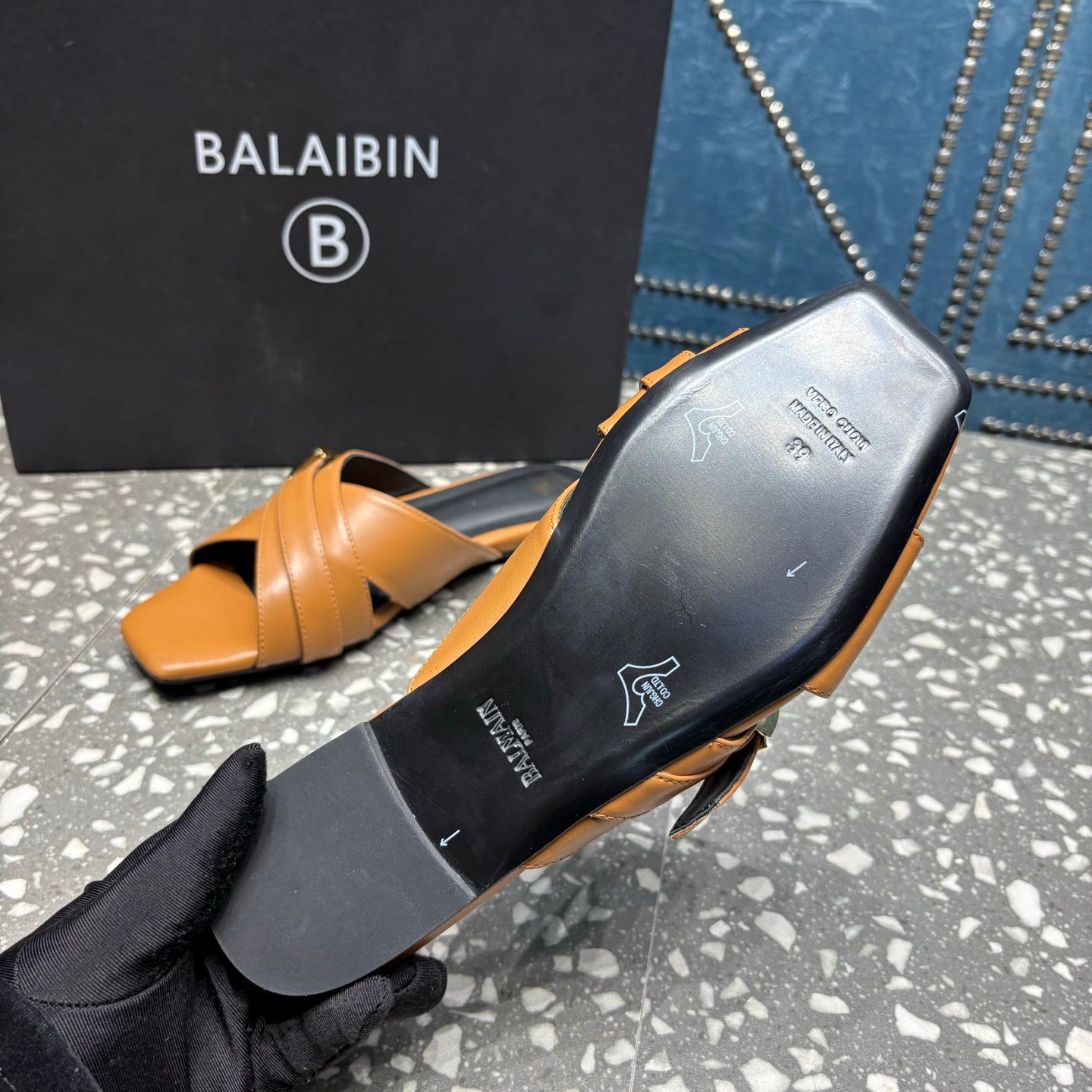 BALMAIN 26S CROSS-STRAP SLIDES IN BROWN CALFSKIN