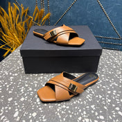 BALMAIN 26S CROSS-STRAP SLIDES IN BROWN CALFSKIN