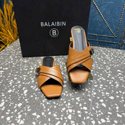 BALMAIN 26S CROSS-STRAP SLIDES IN BROWN CALFSKIN