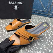BALMAIN 26S CROSS-STRAP SLIDES IN BROWN CALFSKIN