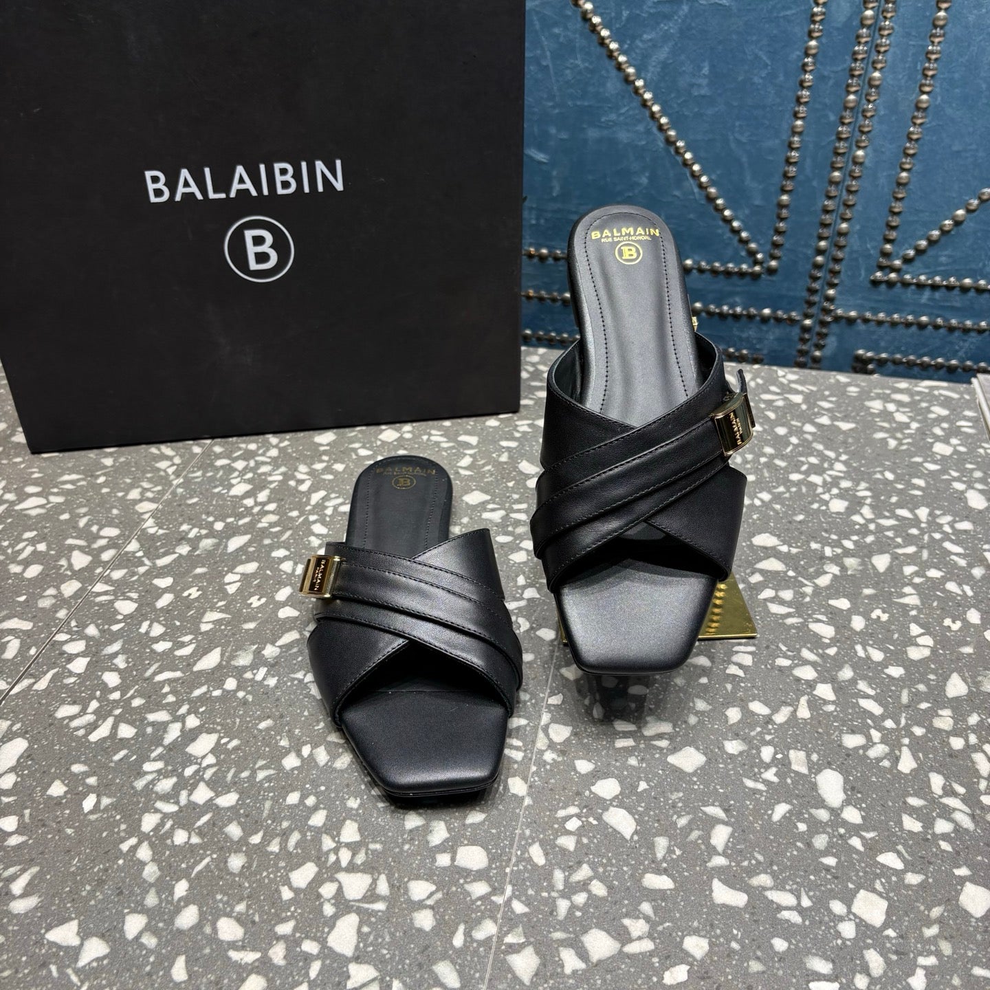 BALMAIN 26S CROSS-STRAP SLIDES IN BLACK CALFSKIN