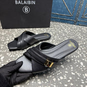 BALMAIN 26S CROSS-STRAP SLIDES IN BLACK CALFSKIN