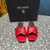 BALMAIN 26S CROSS-STRAP SLIDES IN RED CALFSKIN