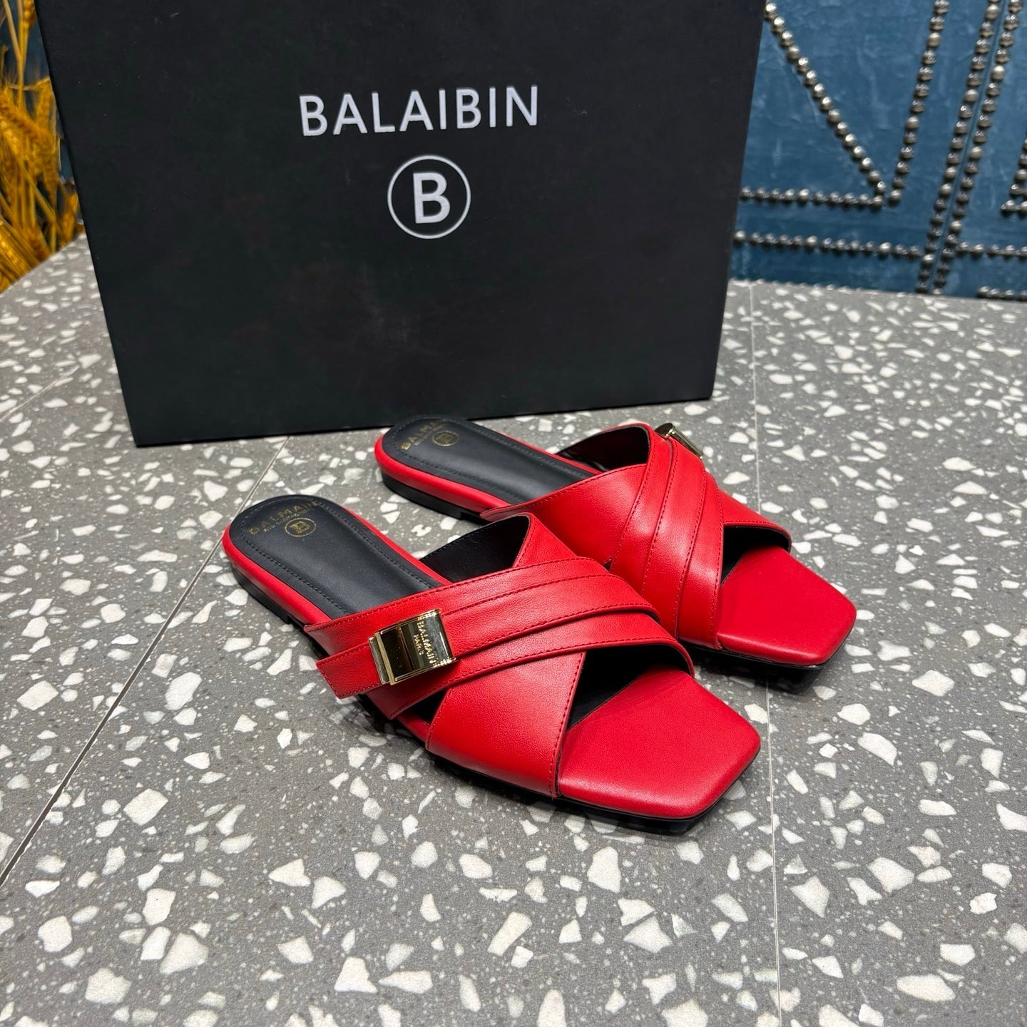 BALMAIN 26S CROSS-STRAP SLIDES IN RED CALFSKIN