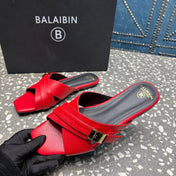 BALMAIN 26S CROSS-STRAP SLIDES IN RED CALFSKIN