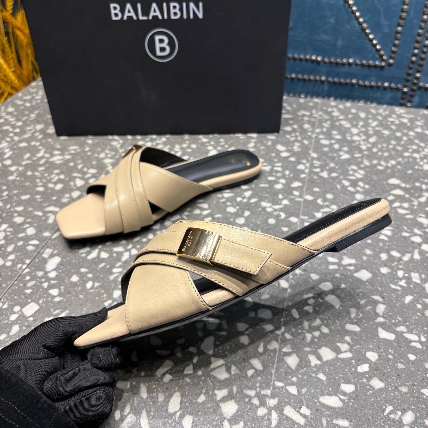 BALMAIN 26S CROSS-STRAP SLIDES IN BEIGE CALFSKIN