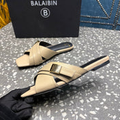 BALMAIN 26S CROSS-STRAP SLIDES IN BEIGE CALFSKIN