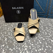 BALMAIN 26S CROSS-STRAP SLIDES IN BEIGE CALFSKIN