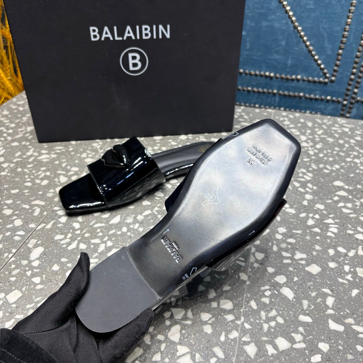 BALMAIN 26S SLIPPERS IN BLACK GLOSSY CALFSKIN