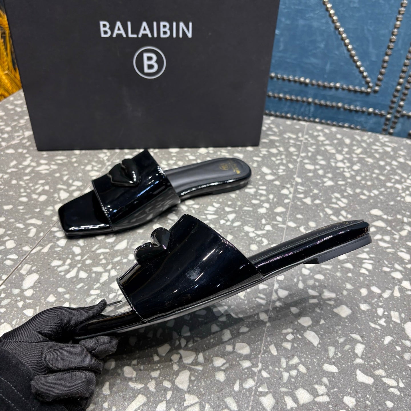 BALMAIN 26S SLIPPERS IN BLACK GLOSSY CALFSKIN