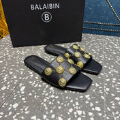 BALMAIN 26S SLIPPERS IN BLACK CALFSKIN WITH GOLD HARDWARE