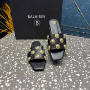 BALMAIN 26S SLIPPERS IN BLACK CALFSKIN WITH GOLD HARDWARE
