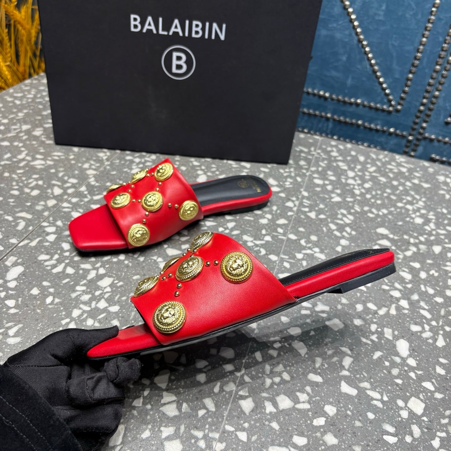 BALMAIN 26S SLIPPERS IN RED CALFSKIN WITH GOLD HARDWARE