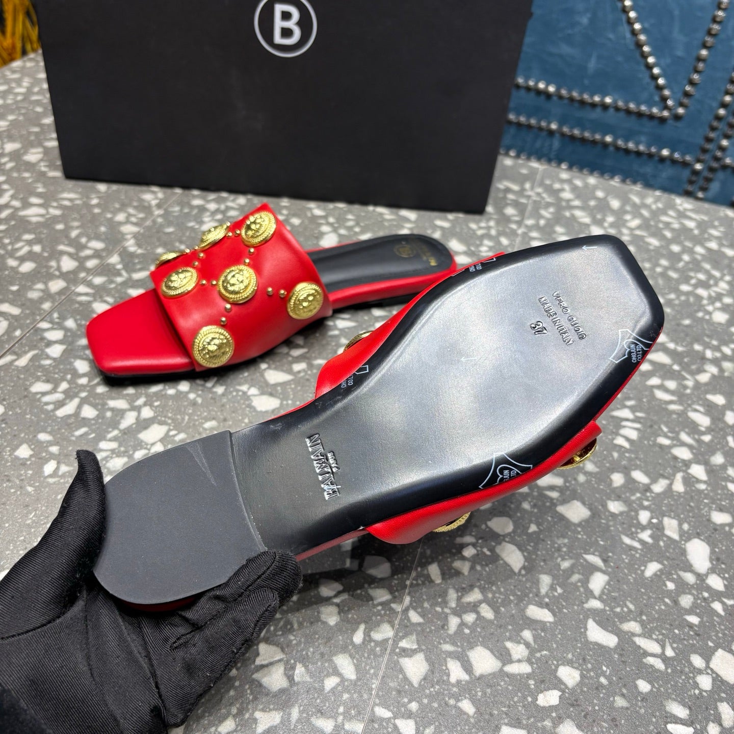 BALMAIN 26S SLIPPERS IN RED CALFSKIN WITH GOLD HARDWARE