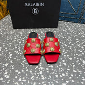 BALMAIN 26S SLIPPERS IN RED CALFSKIN WITH GOLD HARDWARE