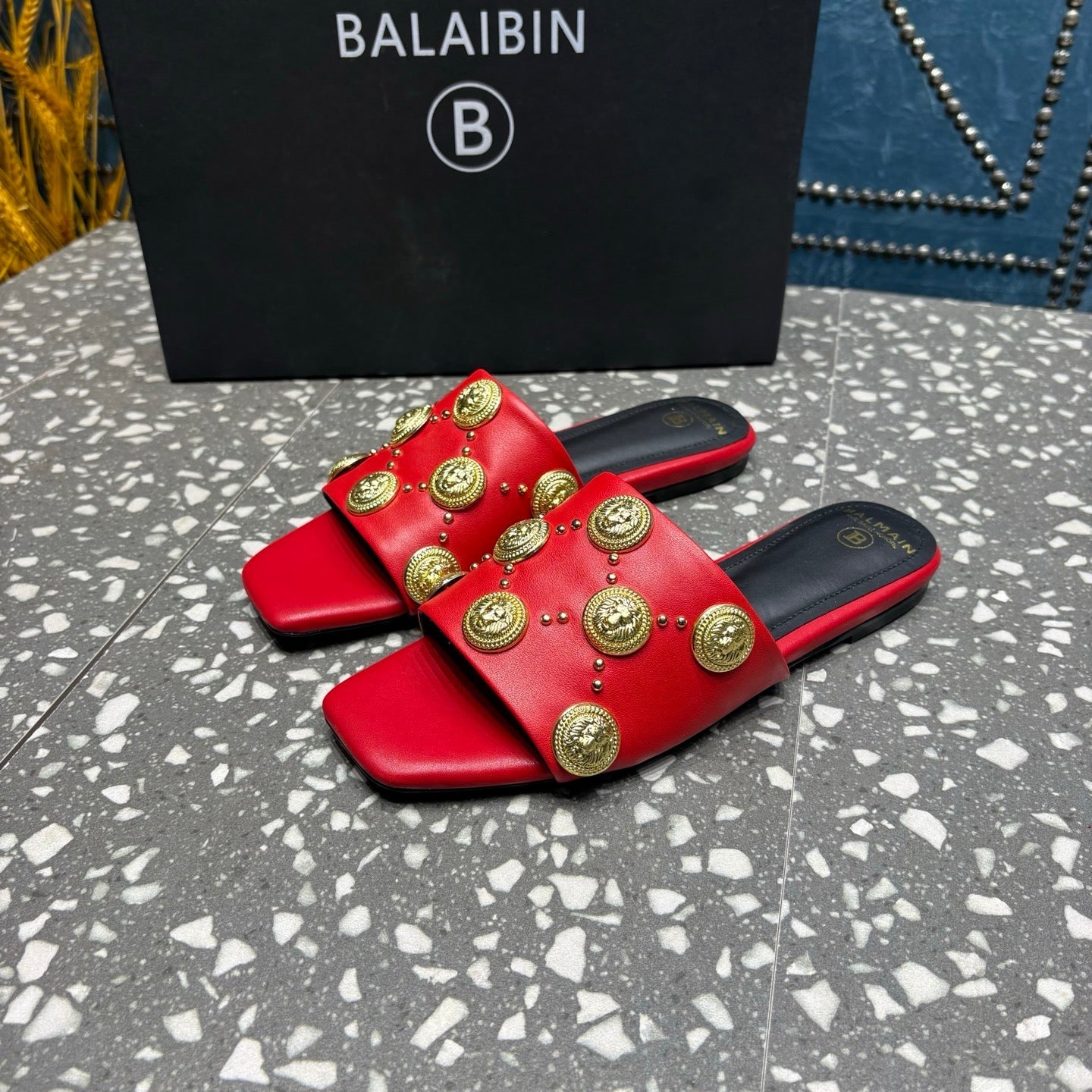 BALMAIN 26S SLIPPERS IN RED CALFSKIN WITH GOLD HARDWARE
