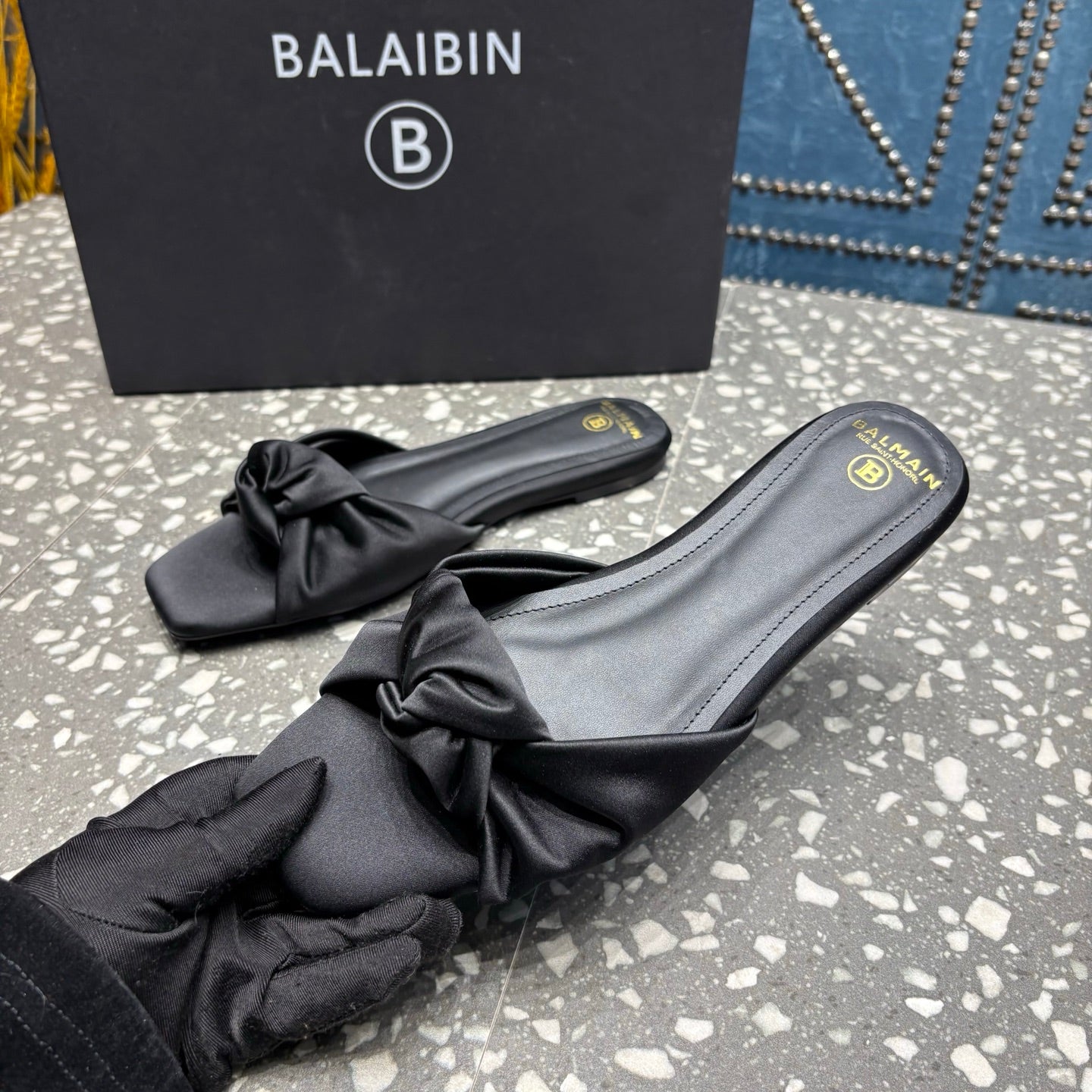 BALMAIN 26S SLIDES IN BLACK SATIN