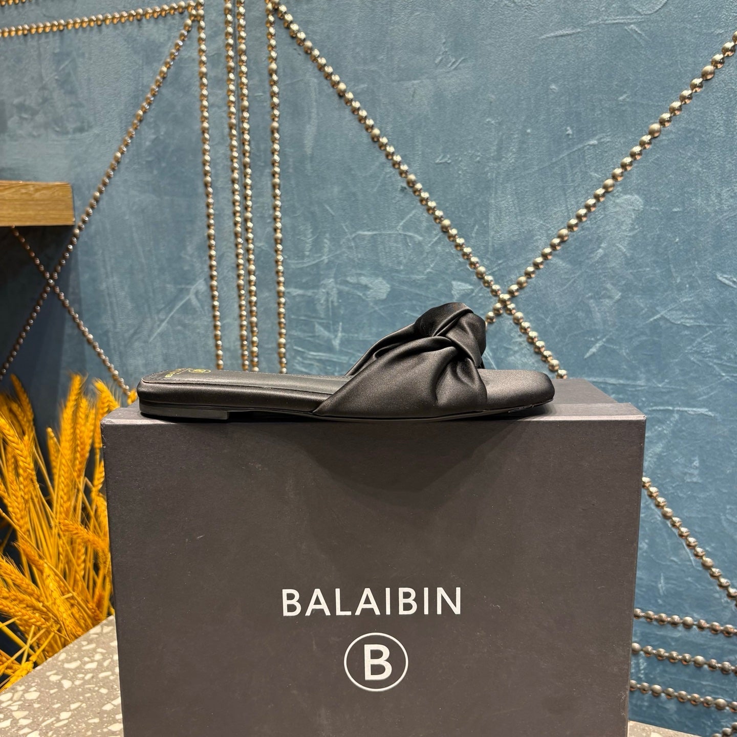 BALMAIN 26S SLIDES IN BLACK SATIN