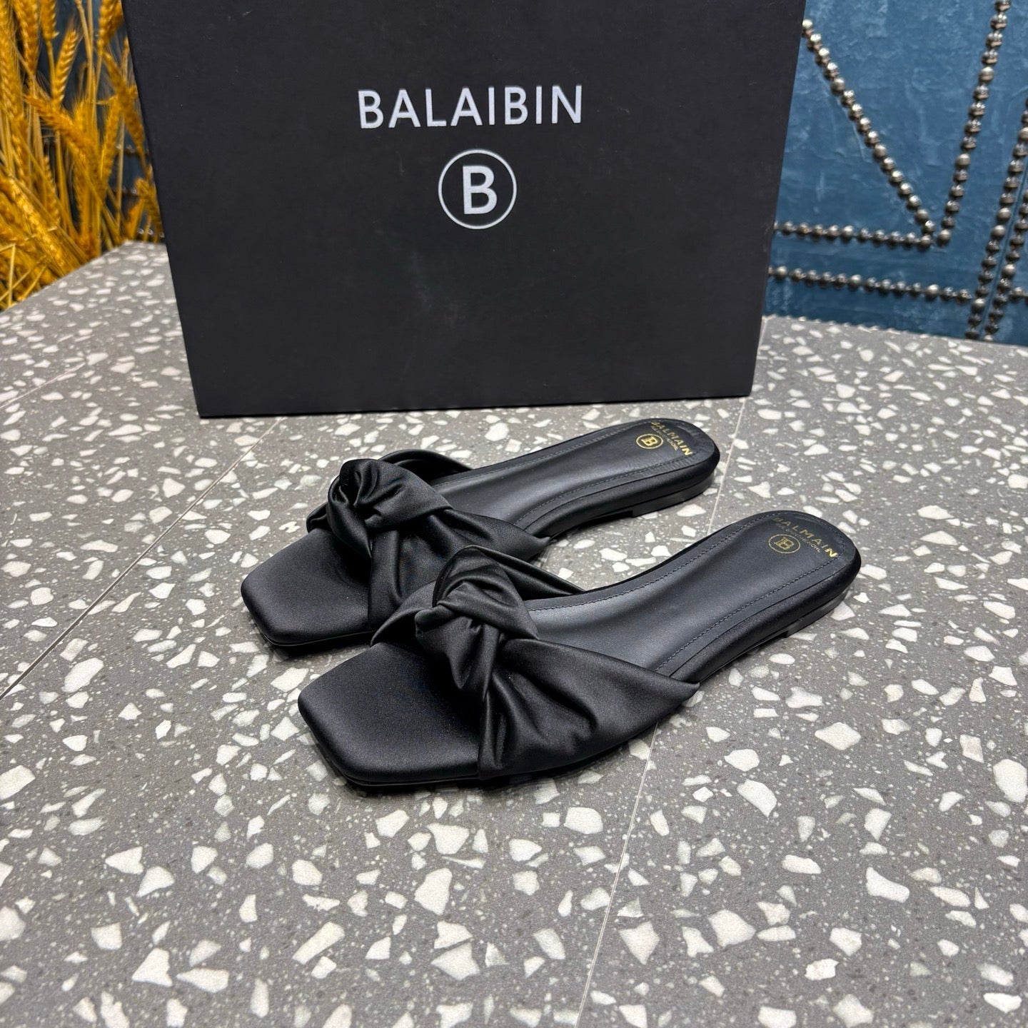 BALMAIN 26S SLIDES IN BLACK SATIN