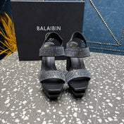 BALMAIN 26S HIGH-HEELED SANDALS 105 MM IN BLACK CALFSKIN WITH SILVER STONE EMBELLISHED
