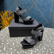 BALMAIN 26S HIGH-HEELED SANDALS 105 MM IN BLACK CALFSKIN WITH SILVER STONE EMBELLISHED