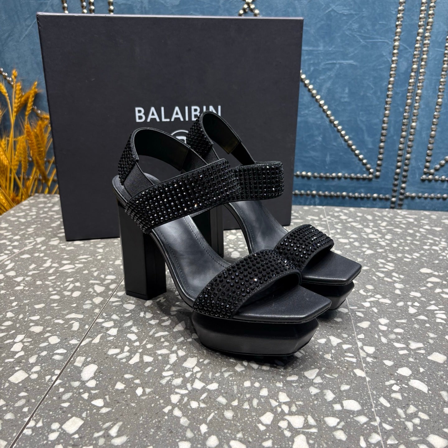 BALMAIN 26S HIGH-HEELED SANDALS 105 MM IN BLACK CALFSKIN STONE EMBELLISHED