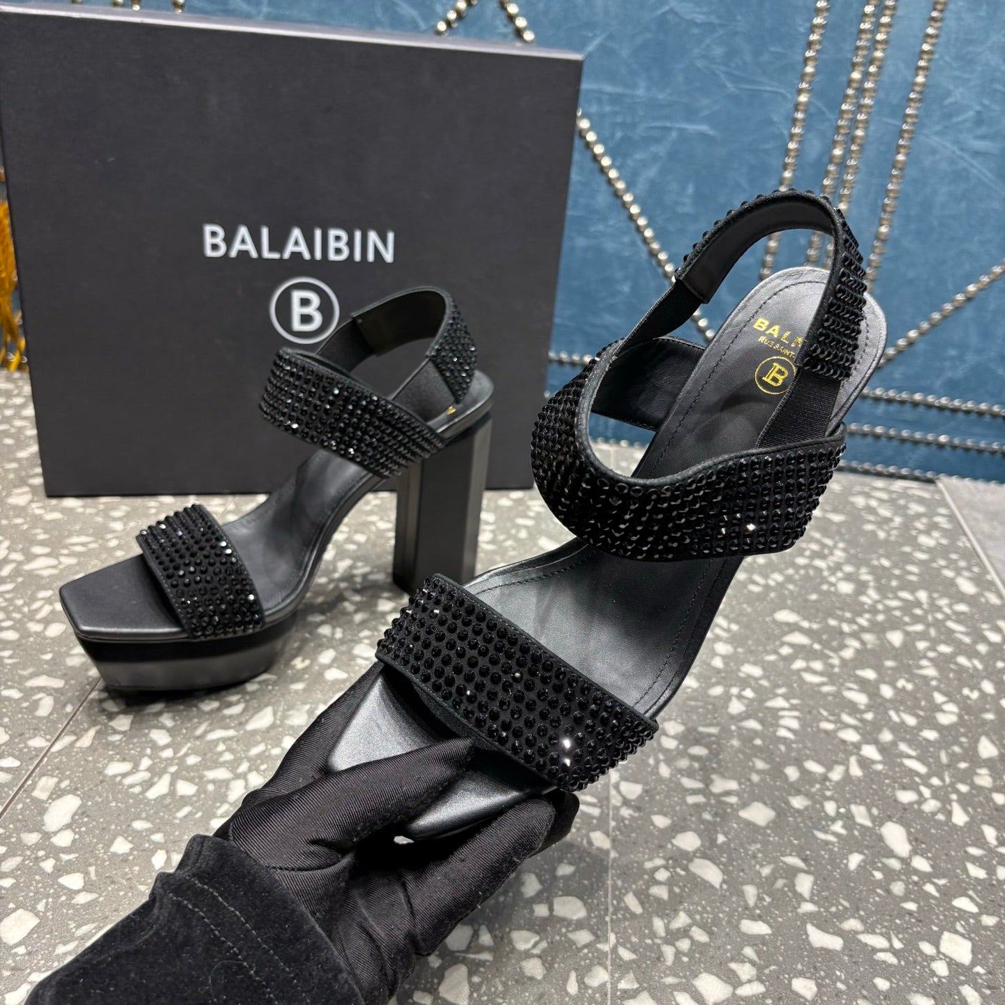 BALMAIN 26S HIGH-HEELED SANDALS 105 MM IN BLACK CALFSKIN STONE EMBELLISHED