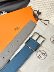 HM HADRIEN 38MM REVERSIBLE BELT GREY AND AEGEAN BLUE LEATHER SILVER BUCKLE