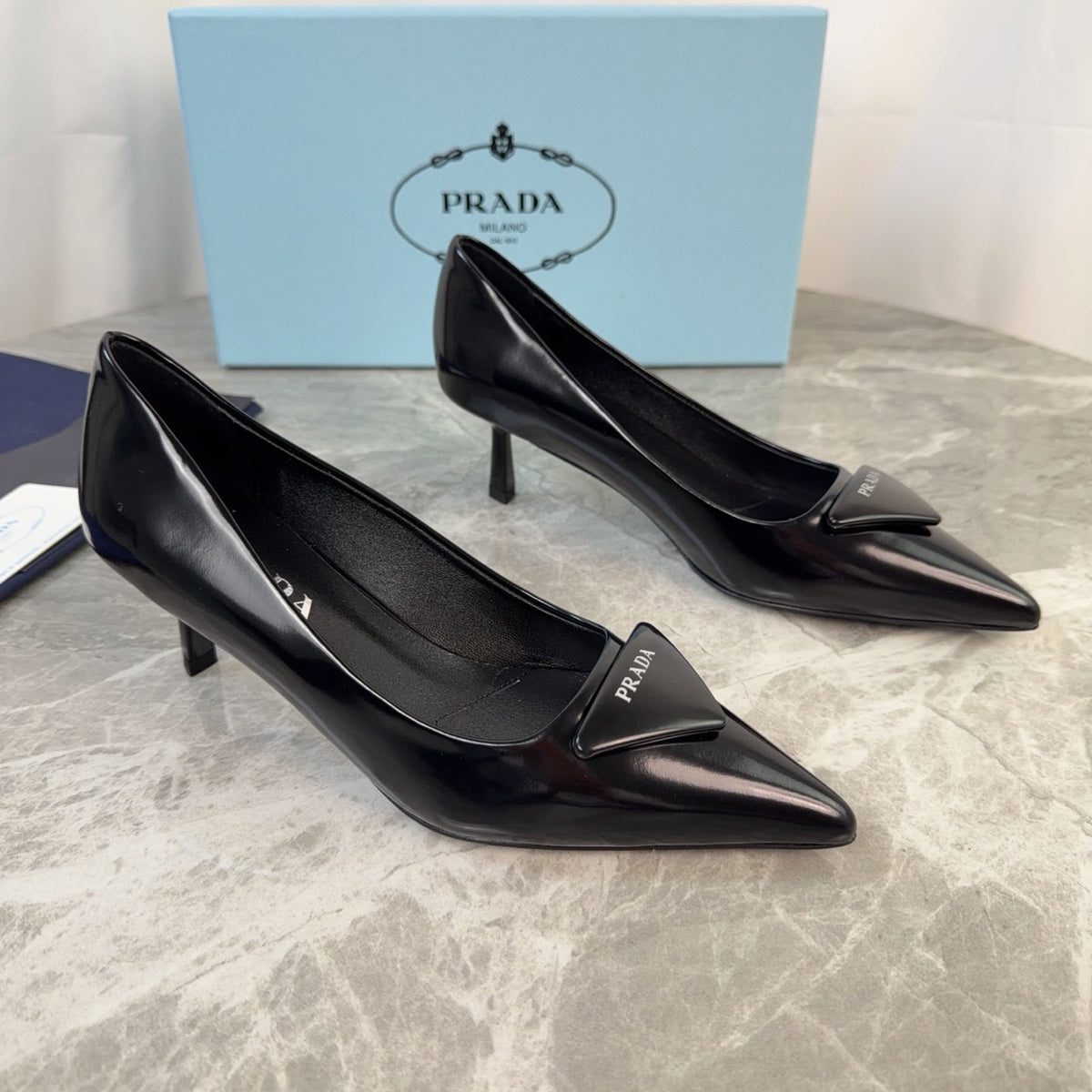 PRADA 25S POINTED-TOE HIGH HEELS 55 MM IN BLACK LAMBSKIN