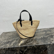 CELINE 25S TEEN BAG 22 IN NATURAL MIX BLACK RAFFIA CALFSKIN SHOULDER STRAP