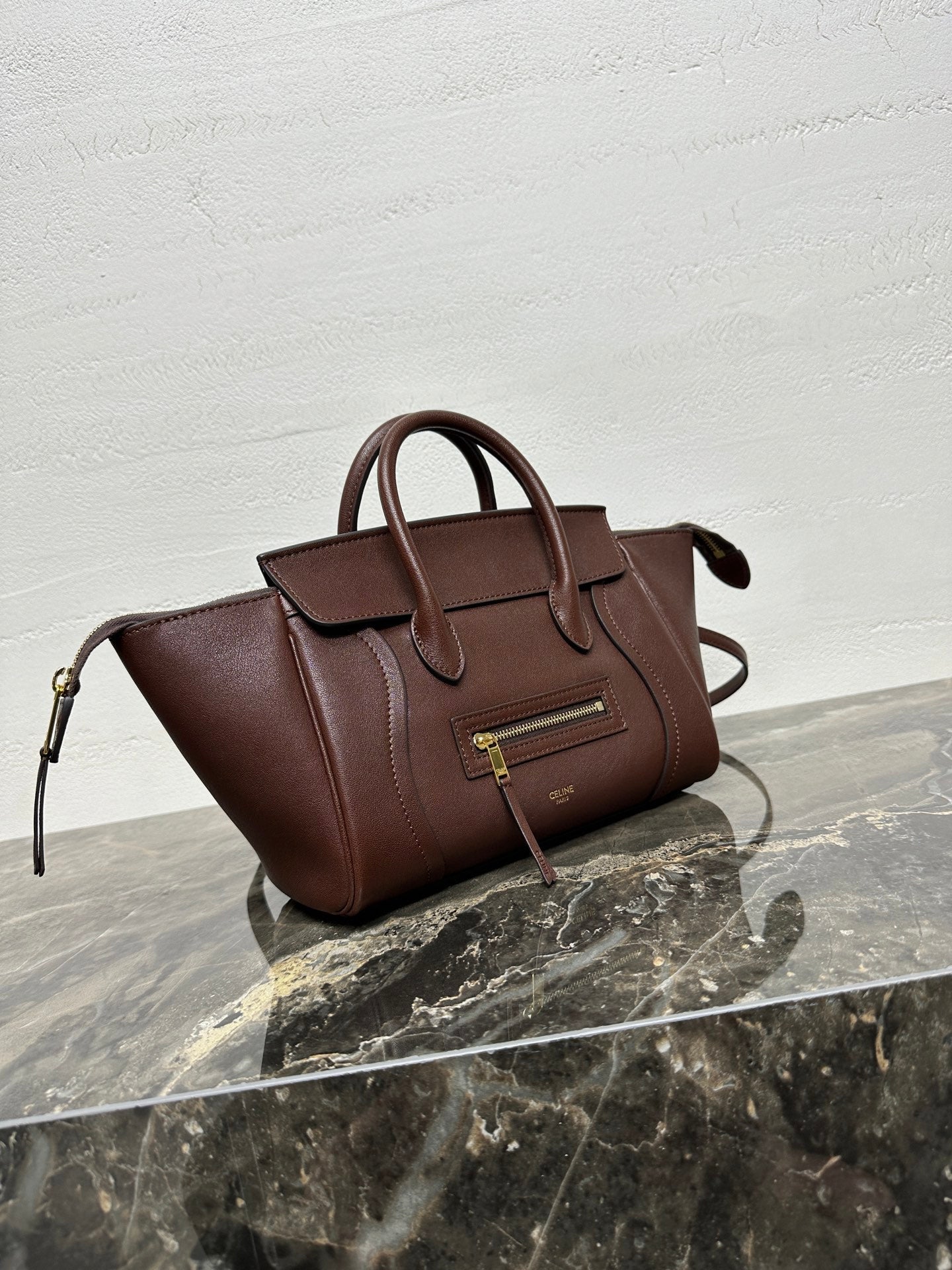 CELINE 25S NEW LUGGAGE 38MM IN CHOCOLATE BROWN  SHINY LAMBSKIN GOLD HARDWARE