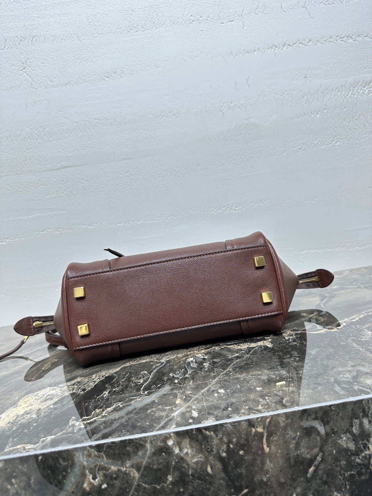 CELINE 25S NEW LUGGAGE 38MM IN CHOCOLATE BROWN  SHINY LAMBSKIN GOLD HARDWARE