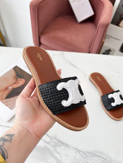 LYMPIA MULE BLACK RAFFIA AND WHITE WOOL LOGO