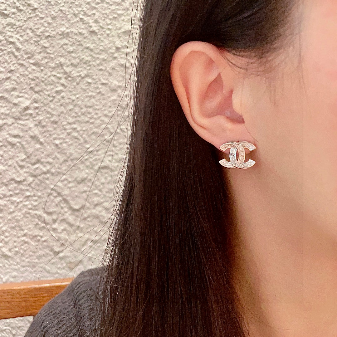 DOUBLE C STUD EARRINGS IN SILVER METAL FULLY DIAMOND