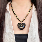 CHANEL 26S DOUBLE C LOGO BLACK HEART PENDANT CHAIN NECKLACE IN GOLD METAL 629886