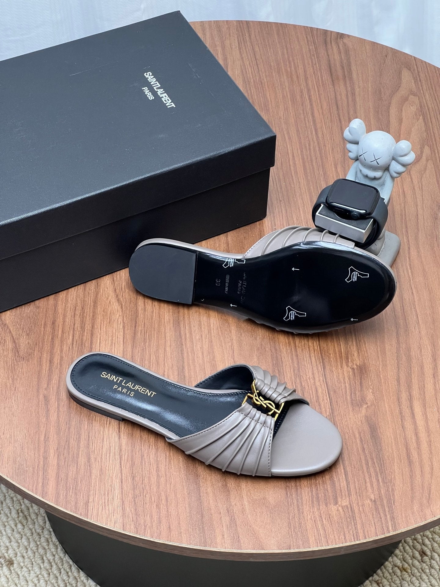 YSL 26S SLIDES IN DARK GREY CALFSKIN