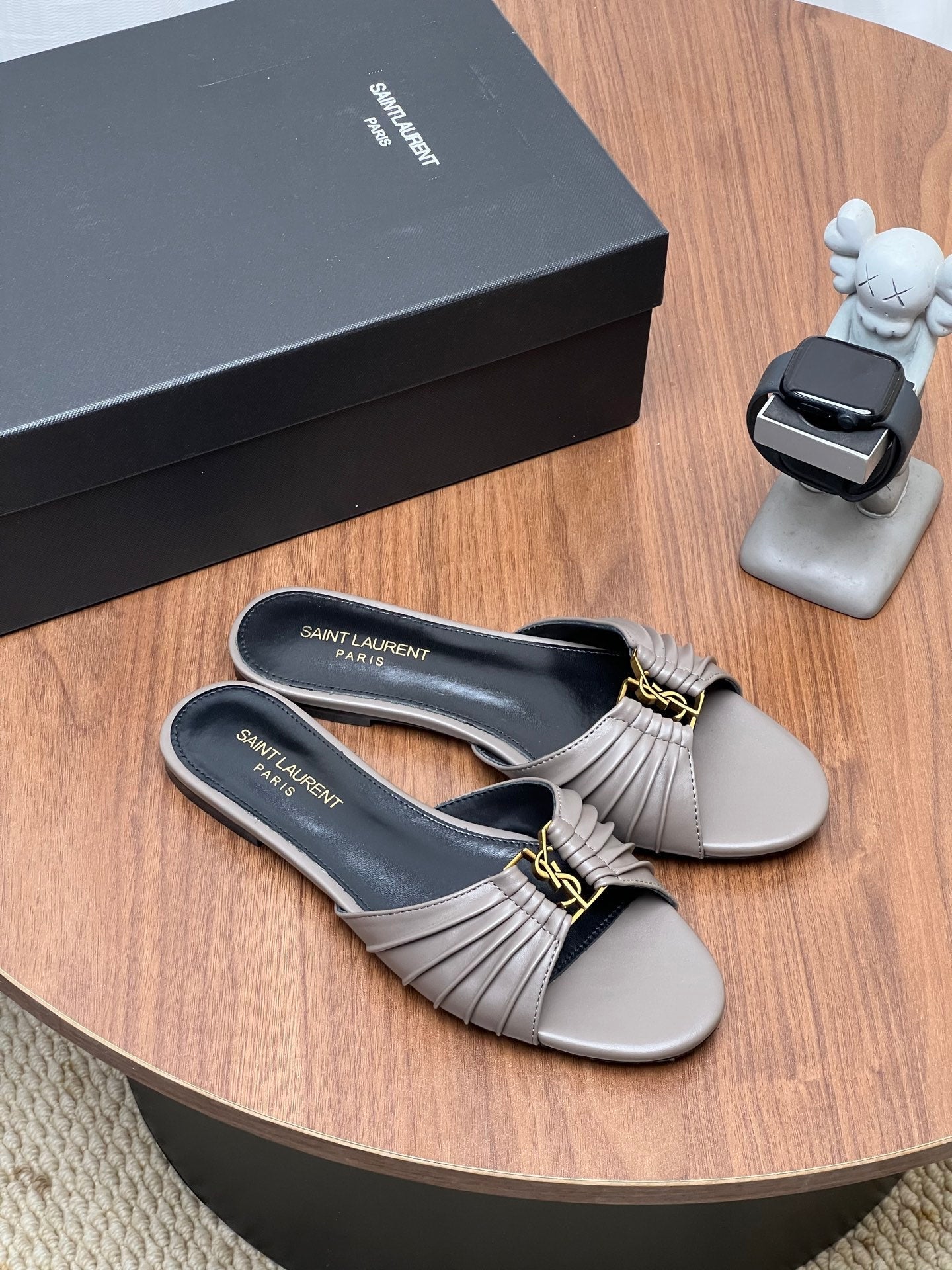 YSL 26S SLIDES IN DARK GREY CALFSKIN