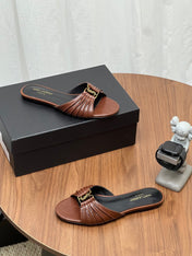 YSL 26S SLIDES IN DARK BROWN CALFSKIN