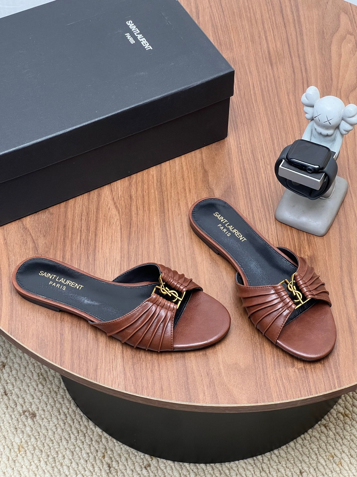 YSL 26S SLIDES IN DARK BROWN CALFSKIN