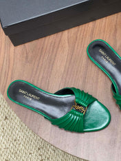 YSL 26S SLIDES IN DARK GREEN CALFSKIN