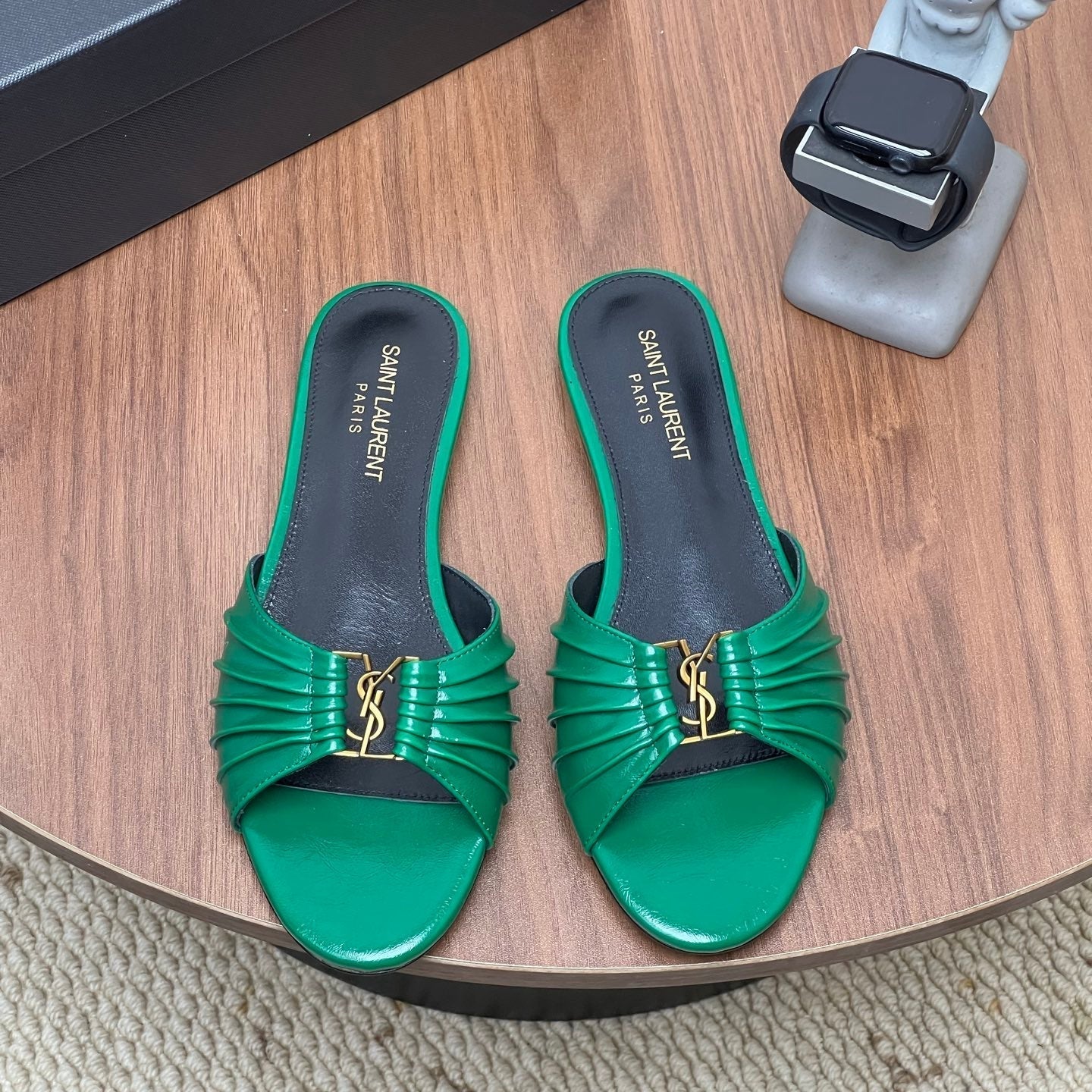 YSL 26S SLIDES IN DARK GREEN CALFSKIN