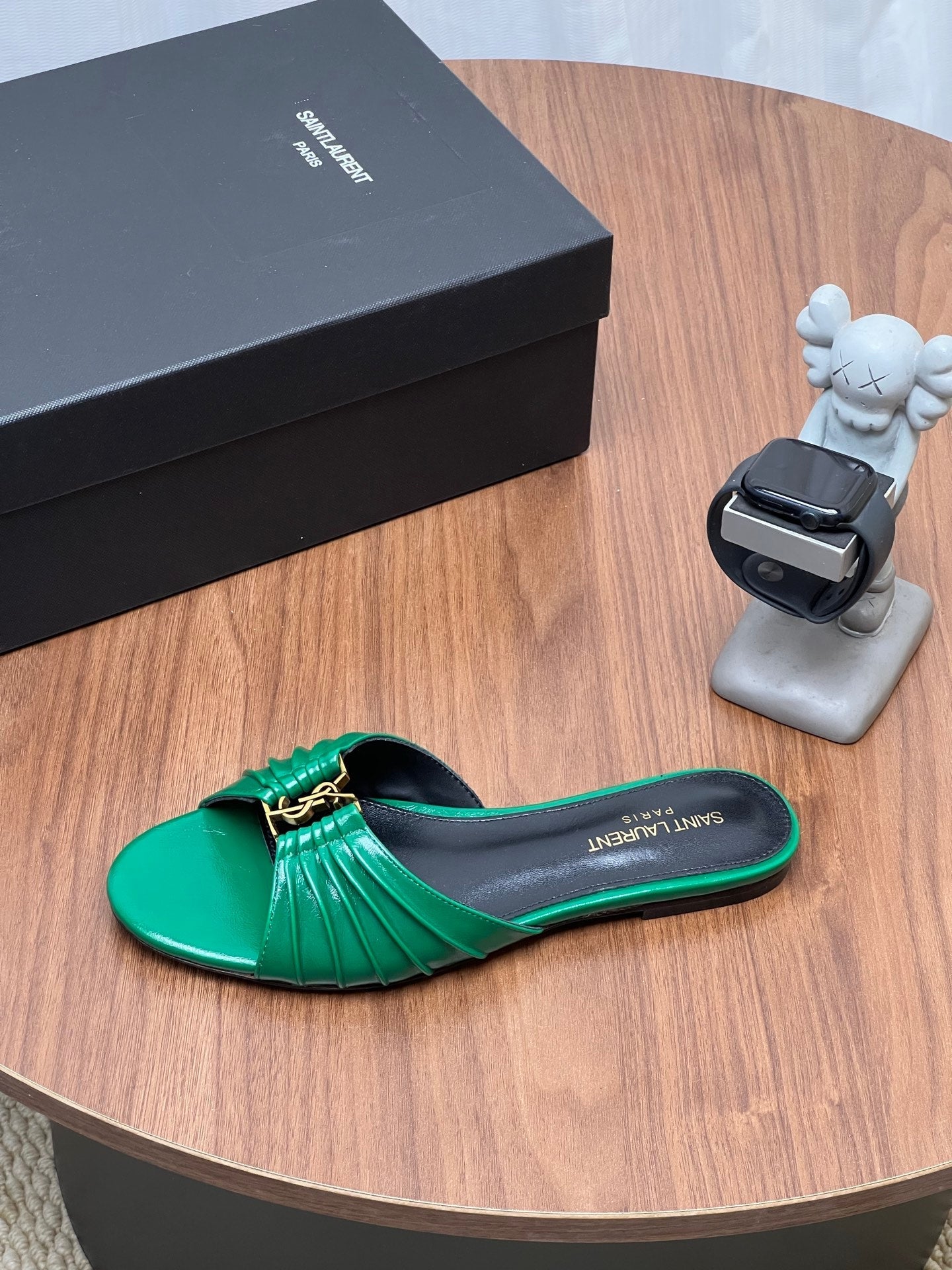 YSL 26S SLIDES IN DARK GREEN CALFSKIN