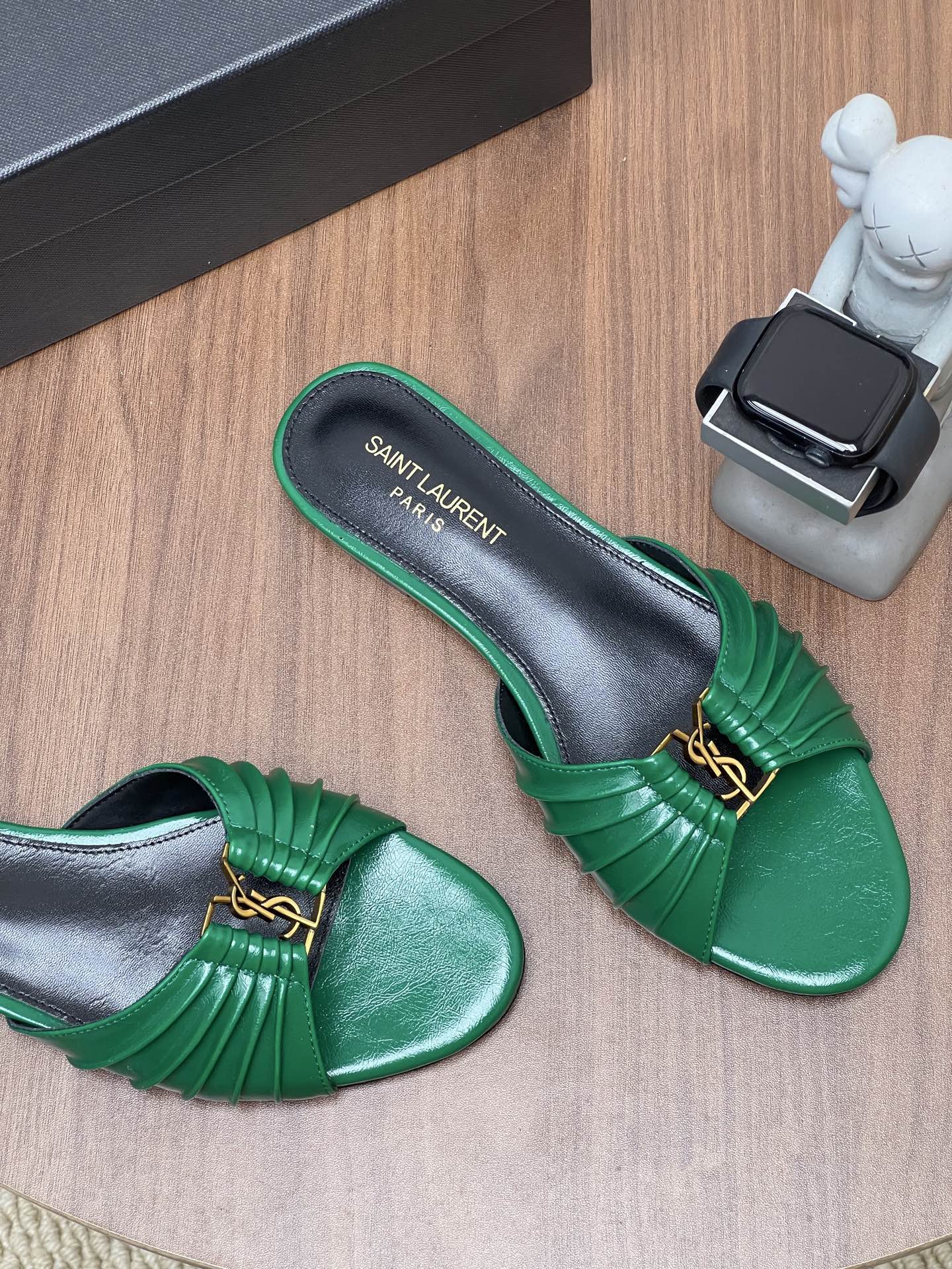 YSL 26S SLIDES IN DARK GREEN CALFSKIN