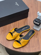 YSL 26S SLIDES IN MUSTARD YELLOW CALFSKIN