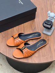 YSL 26S SLIDES IN COGNAC BROWN CALFSKIN