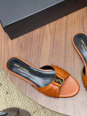 YSL 26S SLIDES IN COGNAC BROWN CALFSKIN