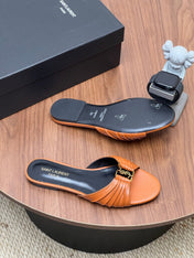 YSL 26S SLIDES IN COGNAC BROWN CALFSKIN