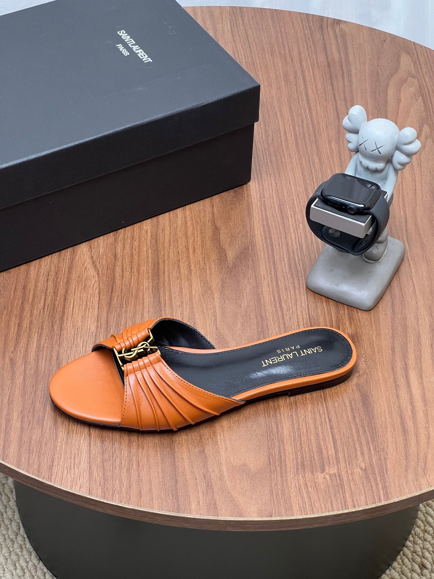 YSL 26S SLIDES IN COGNAC BROWN CALFSKIN