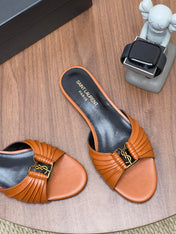 YSL 26S SLIDES IN COGNAC BROWN CALFSKIN