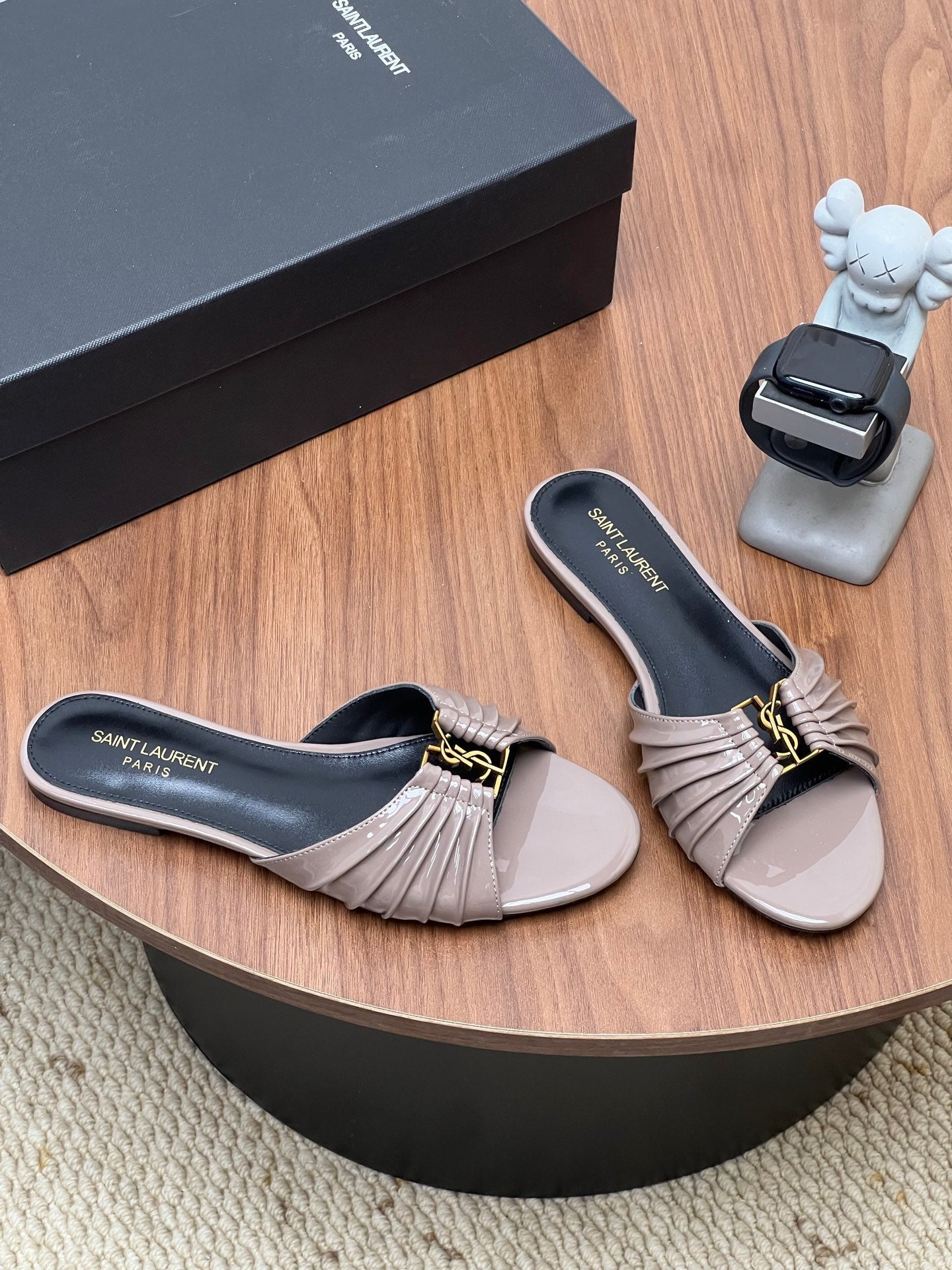 YSL 26S SLIDES IN DUSTY BEIGE SUEDE